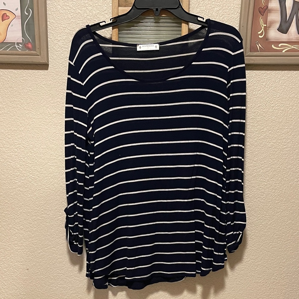Agenda Navy and White Striped Long Sleeve Tee